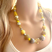 Load image into Gallery viewer, Yellow &amp; Gray Ombre Statement Necklace , Chunky Two Strand Jewelry swirly gray silver bib necklace, sunshine yellow smoke