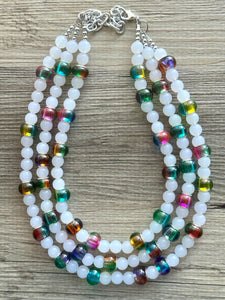 Colorful Kaleidoscope Beaded Necklace, Colorful Jewelry, Chunky statement necklace, big beaded rainbow jewelry white glass collar bib