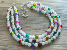 Load image into Gallery viewer, Colorful Kaleidoscope Beaded Necklace, Colorful Jewelry, Chunky statement necklace, big beaded rainbow jewelry white glass collar bib