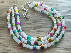 Colorful Kaleidoscope Beaded Necklace, Colorful Jewelry, Chunky statement necklace, big beaded rainbow jewelry white glass collar bib