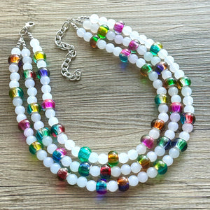 Colorful Kaleidoscope Beaded Necklace, Colorful Jewelry, Chunky statement necklace, big beaded rainbow jewelry white glass collar bib