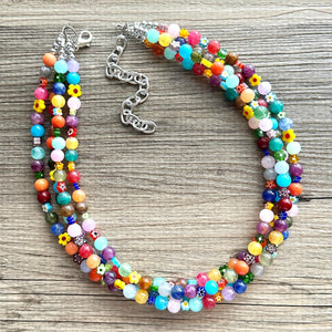 Colorful Millefiori Kaleidoscope Glass Beaded Necklace Jewelry, Chunky statement big beaded rainbow floral pride bubble flower