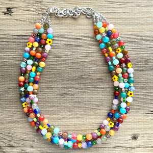 Colorful Millefiori Kaleidoscope Glass Beaded Necklace Jewelry, Chunky statement big beaded rainbow floral pride bubble flower