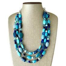 Load image into Gallery viewer, Ocean Blue 3 strand Beaded Statement Necklace, Chunky Bib Multi-Strand Jewelry, blue drop earrings, neutral necklace turquoise aqua navy