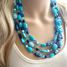 Load image into Gallery viewer, Ocean Blue 3 strand Beaded Statement Necklace, Chunky Bib Multi-Strand Jewelry, blue drop earrings, neutral necklace turquoise aqua navy