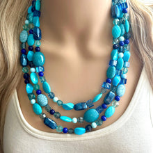 Load image into Gallery viewer, Ocean Blue 3 strand Beaded Statement Necklace, Chunky Bib Multi-Strand Jewelry, blue drop earrings, neutral necklace turquoise aqua navy