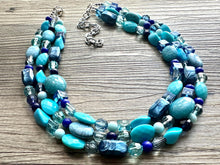 Load image into Gallery viewer, Ocean Blue 3 strand Beaded Statement Necklace, Chunky Bib Multi-Strand Jewelry, blue drop earrings, neutral necklace turquoise aqua navy