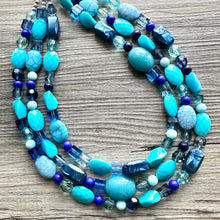 Load image into Gallery viewer, Ocean Blue 3 strand Beaded Statement Necklace, Chunky Bib Multi-Strand Jewelry, blue drop earrings, neutral necklace turquoise aqua navy