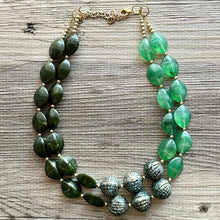 Load image into Gallery viewer, Green Splendor Statement Necklace, Chunky Jewelry Big Beaded Necklace, light green Necklace, olive Jewelry bubble 2 strand gold turquoise