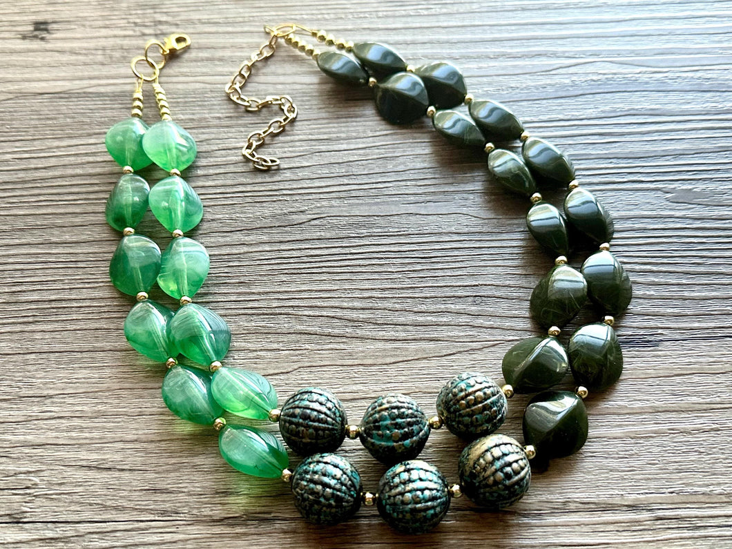 Green Splendor Statement Necklace, Chunky Jewelry Big Beaded Necklace, light green Necklace, olive Jewelry bubble 2 strand gold turquoise