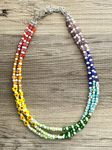 Rainbow Millefiori Kaleidoscope Glass Beaded Necklace Jewelry, Chunky statement big beaded colorful floral pride bubble flower