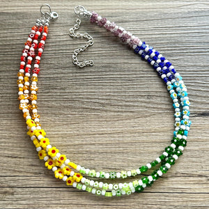 Rainbow Millefiori Kaleidoscope Glass Beaded Necklace Jewelry, Chunky statement big beaded colorful floral pride bubble flower