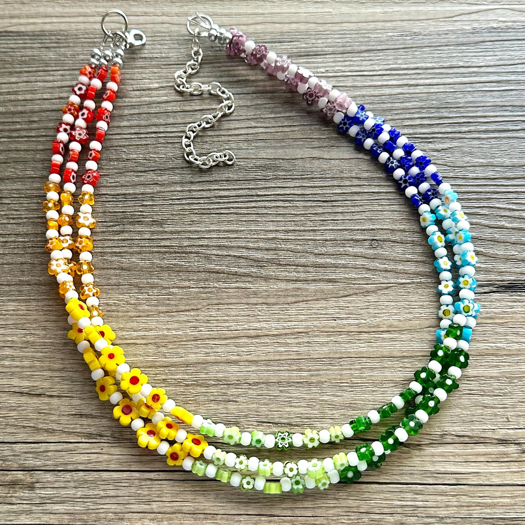 Rainbow Millefiori Kaleidoscope Glass Beaded Necklace Jewelry, Chunky statement big beaded colorful floral pride bubble flower