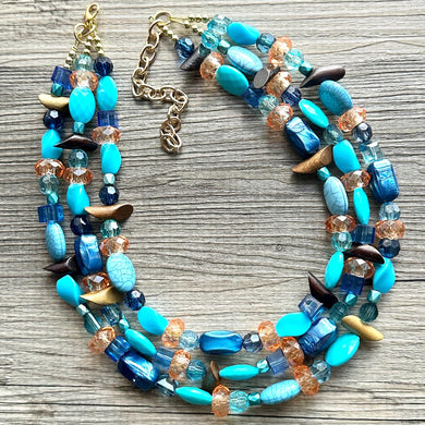 Orange & Blue 3 strand Beaded Statement Necklace, Chunky Bib Multi-Strand Jewelry, blue drop earrings, aqua necklace turquoise aqua navy