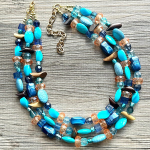 Orange & Blue 3 strand Beaded Statement Necklace, Chunky Bib Multi-Strand Jewelry, blue drop earrings, aqua necklace turquoise aqua navy