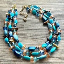 Load image into Gallery viewer, Orange &amp; Blue 3 strand Beaded Statement Necklace, Chunky Bib Multi-Strand Jewelry, blue drop earrings, aqua necklace turquoise aqua navy