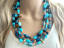 Load image into Gallery viewer, Orange &amp; Blue 3 strand Beaded Statement Necklace, Chunky Bib Multi-Strand Jewelry, blue drop earrings, aqua necklace turquoise aqua navy