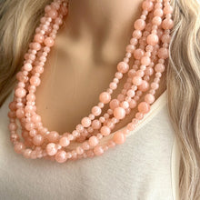 Load image into Gallery viewer, Peachy Pink 5 strand statement Necklace, coral bubble Beaded Necklace, summer gold jewelry, collar bib thick wedding resin swirl