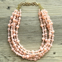 Load image into Gallery viewer, Peachy Pink 5 strand statement Necklace, coral bubble Beaded Necklace, summer gold jewelry, collar bib thick wedding resin swirl