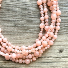 Load image into Gallery viewer, Peachy Pink 5 strand statement Necklace, coral bubble Beaded Necklace, summer gold jewelry, collar bib thick wedding resin swirl