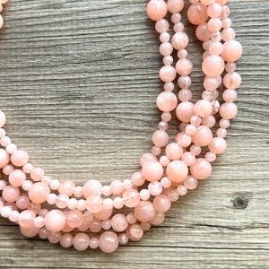 Peachy Pink 5 strand statement Necklace, coral bubble Beaded Necklace, summer gold jewelry, collar bib thick wedding resin swirl