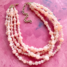 Load image into Gallery viewer, Peachy Pink 5 strand statement Necklace, coral bubble Beaded Necklace, summer gold jewelry, collar bib thick wedding resin swirl