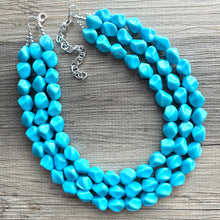 Load image into Gallery viewer, Cornflower Triple Strand Statement Necklace, Chunky light blue Oval Beaded Bib Jewelry, blue jewelry, stone acrylic blue jewlery necklace