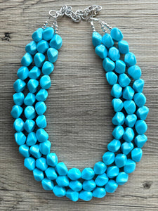 Cornflower Triple Strand Statement Necklace, Chunky light blue Oval Beaded Bib Jewelry, blue jewelry, stone acrylic blue jewlery necklace