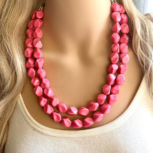 Pink Coral Chunky Statement jewelry set, Big bib beaded Double Strand Statement Necklace, light pink bridesmaid wedding