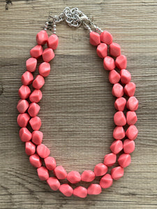 Pink Coral Chunky Statement jewelry set, Big bib beaded Double Strand Statement Necklace, light pink bridesmaid wedding