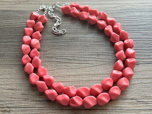 Pink Coral Chunky Statement jewelry set, Big bib beaded Double Strand Statement Necklace, light pink bridesmaid wedding