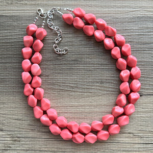 Pink Coral Chunky Statement jewelry set, Big bib beaded Double Strand Statement Necklace, light pink bridesmaid wedding