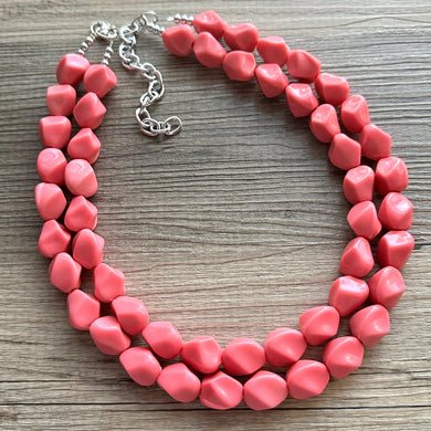 Pink Coral Chunky Statement jewelry set, Big bib beaded Double Strand Statement Necklace, light pink bridesmaid wedding