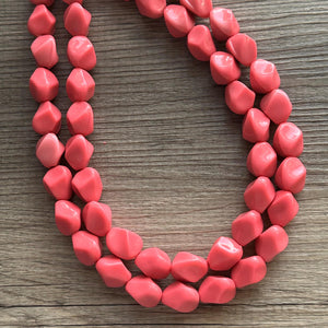 Pink Coral Chunky Statement jewelry set, Big bib beaded Double Strand Statement Necklace, light pink bridesmaid wedding