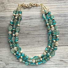 Load image into Gallery viewer, Turquoise Blue &amp; Gold Beaded statement necklace, 3 strand bead jewelry, green teal geometric light blue winter bib chunky necklace metallic