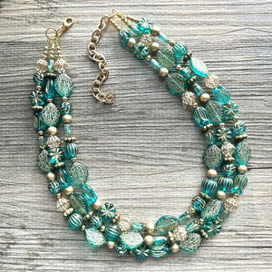 Turquoise Blue & Gold Beaded statement necklace, 3 strand bead jewelry, green teal geometric light blue winter bib chunky necklace metallic