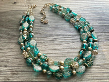 Load image into Gallery viewer, Turquoise Blue &amp; Gold Beaded statement necklace, 3 strand bead jewelry, green teal geometric light blue winter bib chunky necklace metallic