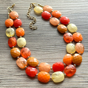 Crisp Harvest Statement Necklace, fall colors Mustard Gold Necklace, 2 Strand Statement necklace, vintage tan brown chunky orange red