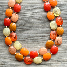 Load image into Gallery viewer, Crisp Harvest Statement Necklace, fall colors Mustard Gold Necklace, 2 Strand Statement necklace, vintage tan brown chunky orange red