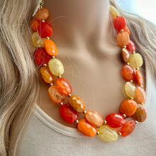 Load image into Gallery viewer, Crisp Harvest Statement Necklace, fall colors Mustard Gold Necklace, 2 Strand Statement necklace, vintage tan brown chunky orange red