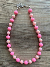 Load image into Gallery viewer, Long Beaded Blush Pink Necklace, single Strand Statement Jewelry, soft pink Chunky bib bridesmaid, rubber silicone everyday bubble jewelry