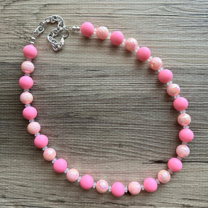 Long Beaded Blush Pink Necklace, single Strand Statement Jewelry, soft pink Chunky bib bridesmaid, rubber silicone everyday bubble jewelry