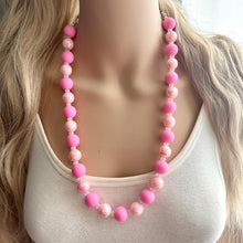 Load image into Gallery viewer, Long Beaded Blush Pink Necklace, single Strand Statement Jewelry, soft pink Chunky bib bridesmaid, rubber silicone everyday bubble jewelry