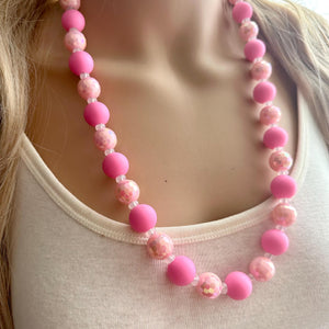 Long Beaded Blush Pink Necklace, single Strand Statement Jewelry, soft pink Chunky bib bridesmaid, rubber silicone everyday bubble jewelry