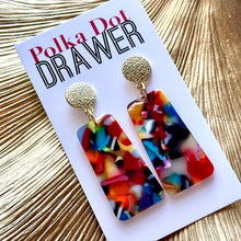 Load image into Gallery viewer, Rainbow Mosaic Geometric Gold Earrings, Gold drop Earrings, colorful jewelry earrings metal resin pink, vacation statement drop dangle