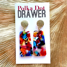 Load image into Gallery viewer, Rainbow Mosaic Geometric Gold Earrings, Gold drop Earrings, colorful jewelry earrings metal resin pink, vacation statement drop dangle