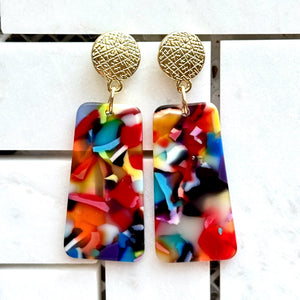 Rainbow Mosaic Geometric Gold Earrings, Gold drop Earrings, colorful jewelry earrings metal resin pink, vacation statement drop dangle