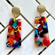 Load image into Gallery viewer, Rainbow Mosaic Geometric Gold Earrings, Gold drop Earrings, colorful jewelry earrings metal resin pink, vacation statement drop dangle