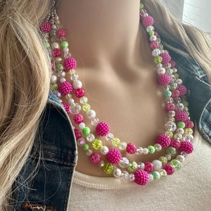 Lime Green & Raspberry Hot Pink Chunky Statement Necklace, Big beaded jewelry, 3 Strand white Statement Bib bridesmaid wedding