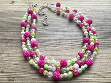 Load image into Gallery viewer, Lime Green &amp; Raspberry Hot Pink Chunky Statement Necklace, Big beaded jewelry, 3 Strand white Statement Bib bridesmaid wedding